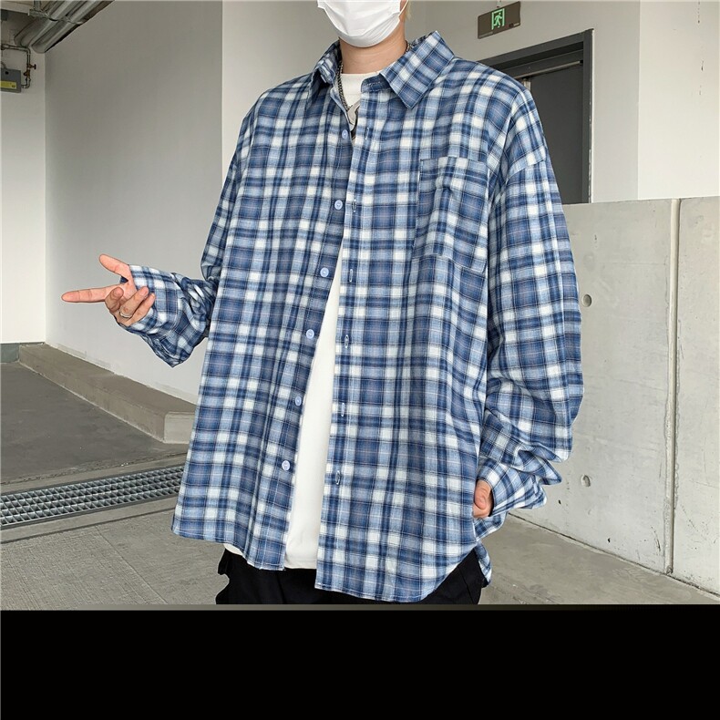 春秋款日系复古条纹翻领格子衬衫男士长袖衬衣外套潮牌CW1385,男装衬衫,星座1116A-1（原606A）