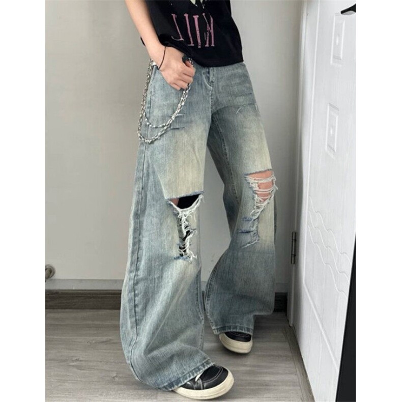 复古夏季新款破洞水洗做旧蓝牛仔裤男女直筒宽松阔腿长裤NB156,男装牛仔裤,星座1116A（原606A-3）