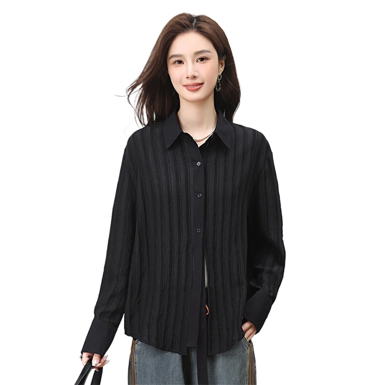 时尚百搭黑色条纹长袖衬衫女宽松显瘦气质上衣春秋季新款女装,女装衬衫,叶笙衣