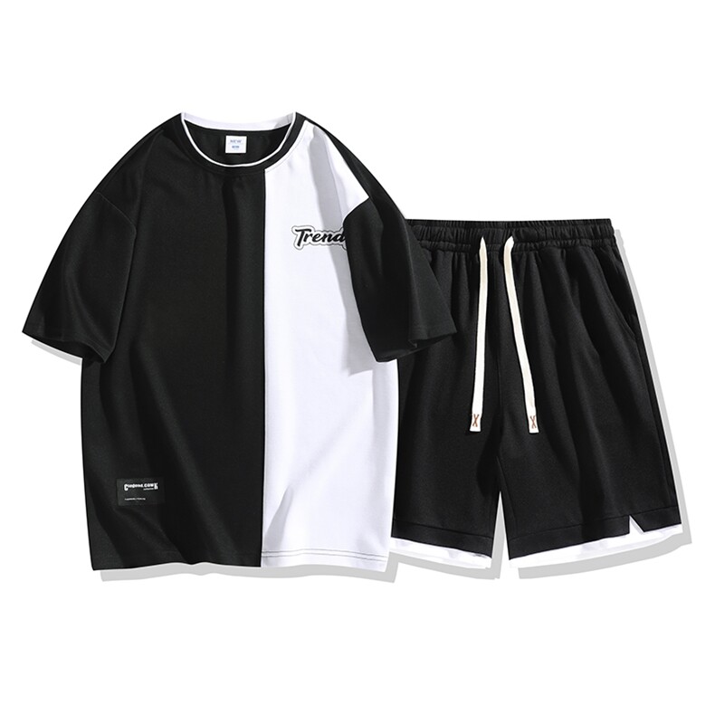 夏季运动套装日系白底休闲百搭时尚短套装CK2410+TC3155-P51控89,男装休闲套装,星座717