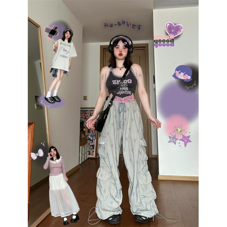 【有货】竖条纹星星工装裤男美式hiphop裤子高街宽松B356LL-特P55图片