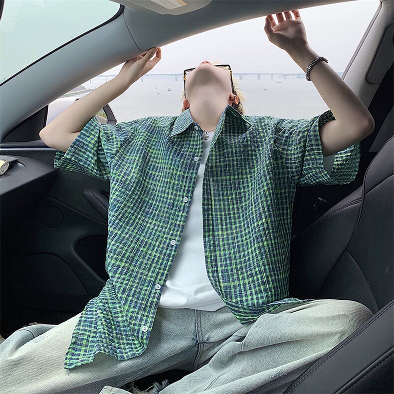 B221美式ins高街宽松薄款泡泡格短袖衬衫SY2548-特P35控59,男装衬衫,电商B221