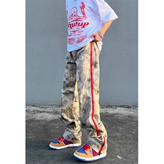 WE1595-P44街头迷彩牛仔裤男ins潮宽松直筒hiphop拉链开叉休闲，男装牛仔裤，电商B323A