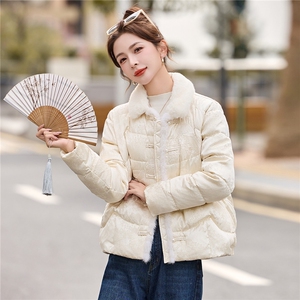 新中式白鸭绒羽绒服外套女2025冬季新款重工刺绣水貂毛提花外套图片