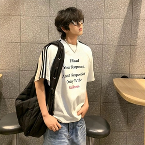 抖音得物高品质二开240克宽松纯棉美式潮牌三条杠织带短袖T恤图片