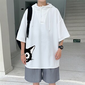 LD54035-P45 连帽短袖t恤男大码胖子带帽五分袖中袖图片