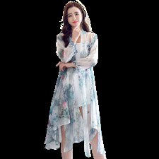 防晒衣女2021新款气质v领薄款雪纺衬衫复古印花中长款空调衫，女装蕾丝衫/雪纺衫，秀美人生