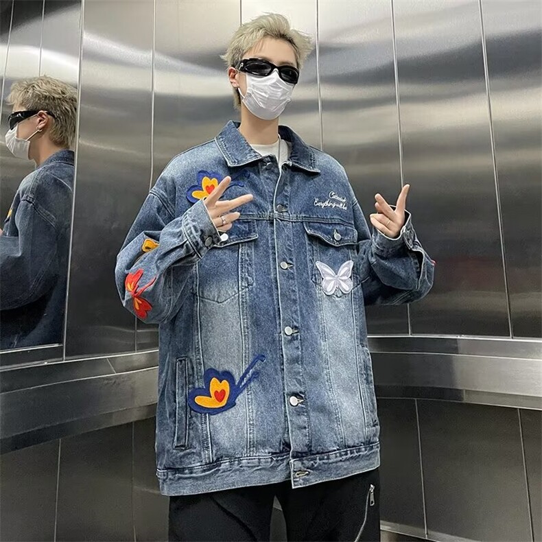 美式蝴蝶贴布水洗牛仔外套男女春秋复古宽松情侣百搭夹克JW341,男装工装外套,星座1116A-1（原606A）