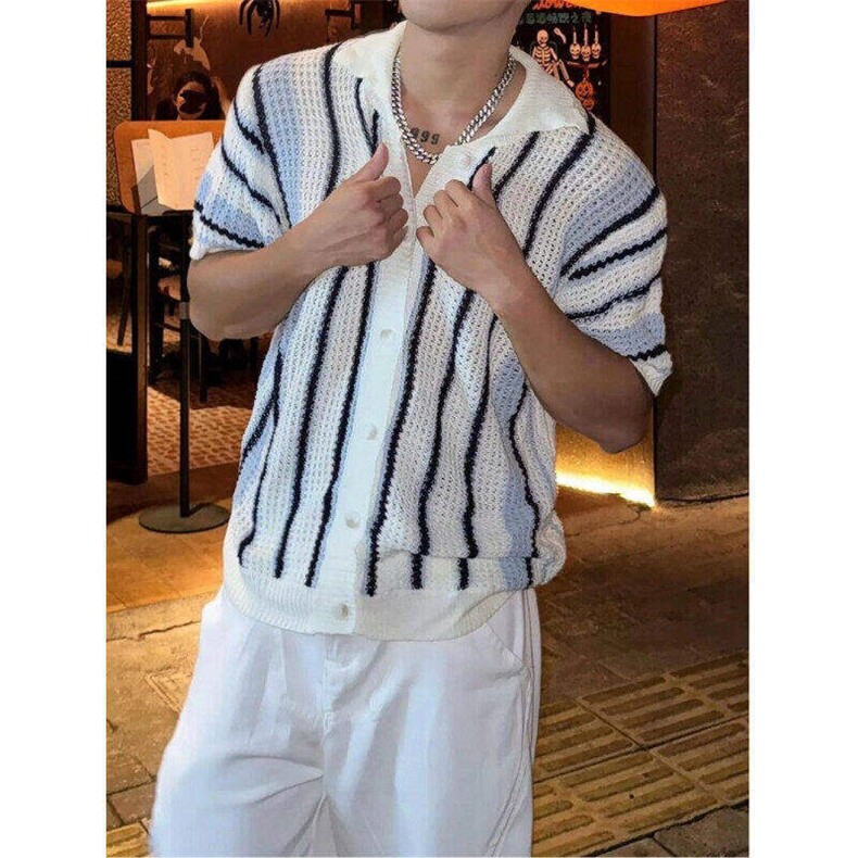 条纹针织短袖衬衫男轻熟风开衫衬衣,男装T恤,星座1007（原301D）