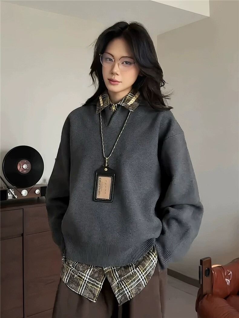 老钱风polo领针织衫秋季正肩灰色毛衣慵懒风情侣外套ZZS15P65,男装Polo衫,电商D256