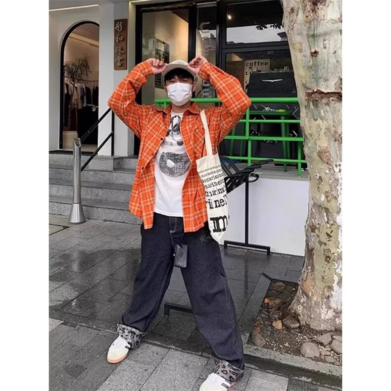美式复古显白橘色格子衬衫外套女宽松防晒衬衣潮CB408,男装防晒衣,星座1116A（原606A-3）