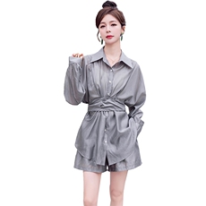 休闲时尚套装女夏季2023新款气质收腰天丝衬衫阔腿短裤两件套，女装套装/套裙，曼娅璐