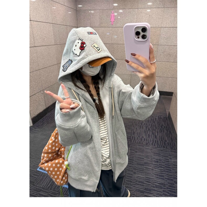 W10643-P55加绒60网图现货华棉复合连帽卫衣宽松灰色外套,女装短外套,星座1608