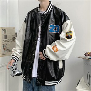 2035-P85港风春秋新款夹克男字母刺绣港风棒球服宽松休闲PU皮外套图片