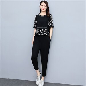 时尚休闲套装2022夏季新款韩版宽松大码女装两件套裤子，女装套装/套裙，素月