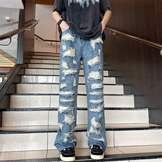 美式vibe牛仔裤男欧美破洞乞丐高街潮牌hiphop老爹裤RK546-P51，男装牛仔裤，星座412