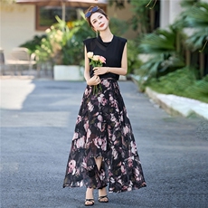 法式绝美气质套装裙女2025夏季新款无袖衬衣碎花鱼尾半身裙两件套，女装套装/套裙，尚娜萱