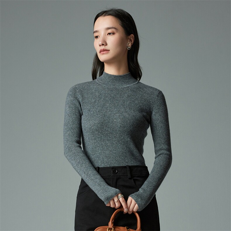 半高领长袖35%羊绒衫女秋冬新品修身显瘦坑条内搭针织衫图片