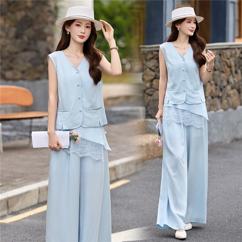 现货轻熟风气质套装女2026夏季麻料薄款西装马甲上衣阔腿裤两件套，女装套装/套裙，艾仟回(原伊仟回)