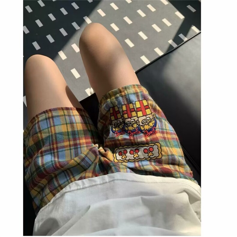 韩版小众设计感撞色格子卡通印花短裤睡裤女夏季休闲遛弯家居裤夏,男装牛仔裤,四季星座505