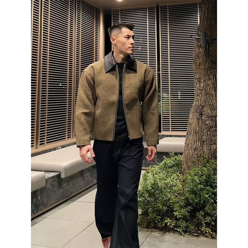 老钱风毛呢翻领拼接短款外套男秋冬季高级感boxy版型宽松正肩夹克,男装夹克,星座506A
