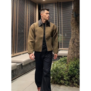老钱风毛呢翻领拼接短款外套男秋冬季高级感boxy版型宽松正肩夹克图片