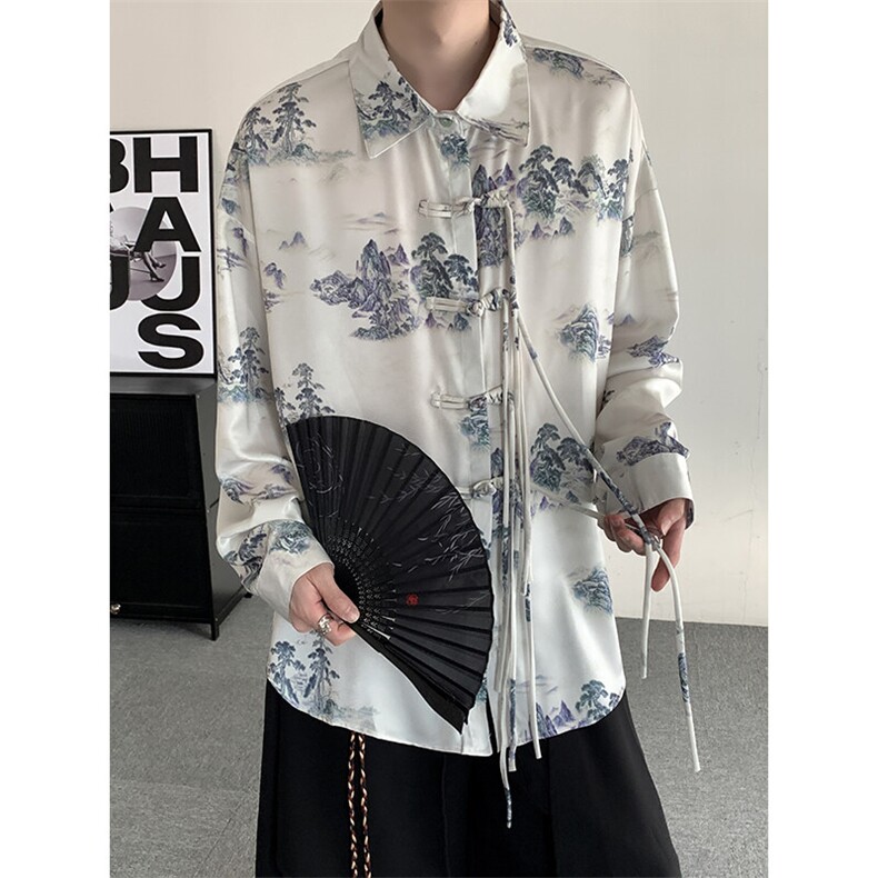 新中式山水画白色衬衫男风复古盘扣流苏设计感衬衣CS4315P95图片