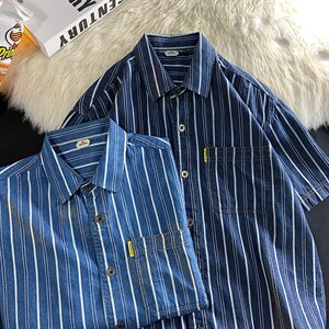 22港风流行夏季宽松男女情侣条纹短袖衬衫上衣   E805 P55限78图片