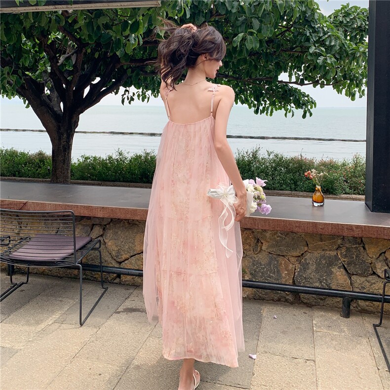 法式粉色拼接碎花连衣裙女2025年夏季新款显瘦甜美度假气质吊带裙,女装连衣裙,2C105