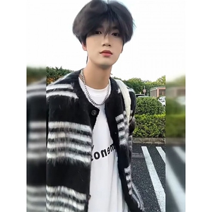 慵懒美式复古条纹开衫毛衣外套男女秋冬宽松时尚上衣慵懒风针织衫图片