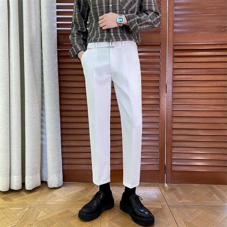 春秋款时尚裤子修身西装裤自带腰带男士休闲九分裤高级感西裤K91,男装西裤,星座1116A-2（原606A-1）