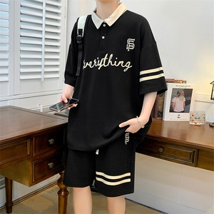 夏装青少年纯色翻领Polo衫时尚印花半袖套装男女 6620-P70控价98图片