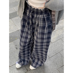 蕾丝花边格子休闲裤女秋季2026新款磨毛设计宽松阔腿裤AK2445p50图片