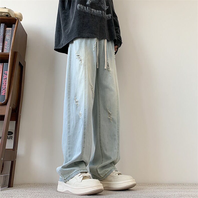 S-3XL 夏季薄款冰丝裤直筒宽松破洞牛仔裤 310A-2 BK312 p55 控78图片