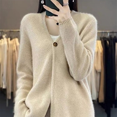 开衫女一粒扣V领秋冬慵懒软糯休闲宽松保暖针织衫，女装针织衫/毛衣，萱芳婷羊绒