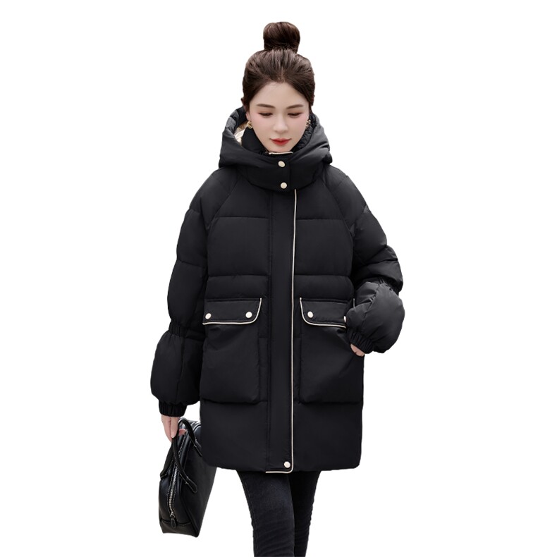 时尚拼色羽绒棉服女中长款冬季2024新款韩版宽松连帽加厚棉袄外套,女装棉衣/棉服,牡丹诺