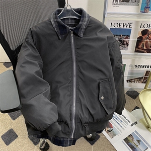 假两件棉服外套男士韩版潮流拼接格子2024冬季ins棉衣MF331-P90图片