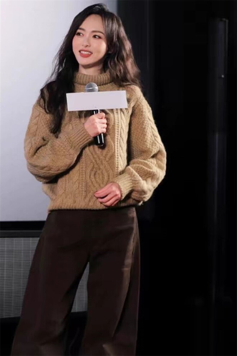 2024新款羊绒唐嫣同款卡其高领宽松羊毛针织衫麻花毛衣女,女装羊毛衫,莺澜羊绒