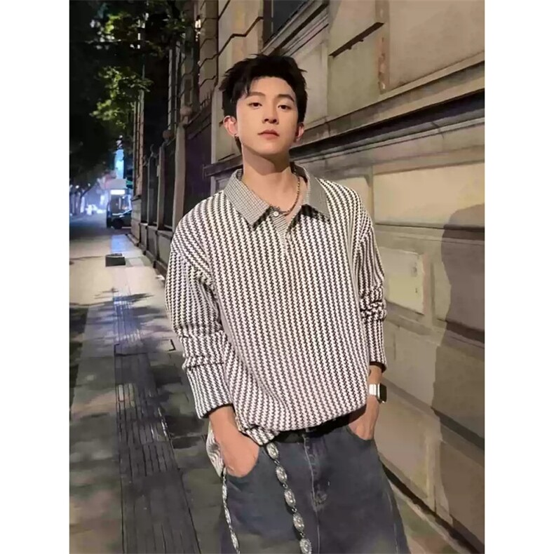 网图千鸟格翻领秋装长袖t恤潮男装polo衫老钱风卫衣外套S524特28,男装T恤,电商A233-1