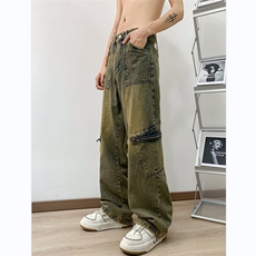 美式高街牛仔长裤潮流复古水洗直筒宽松微喇叭长裤男女RK1790-P49，男装休闲裤，星座412-3