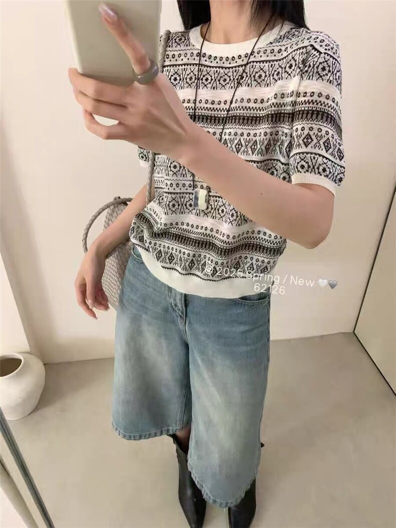 夏新款天丝羊毛针织短袖女宽松韩版圆领时尚超薄菱格T恤条纹上衣,女装T恤,晨旭羊绒