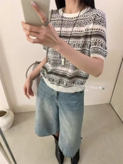 夏新款天丝羊毛针织短袖女宽松韩版圆领时尚超薄菱格T恤条纹上衣，女装T恤，晨旭羊绒