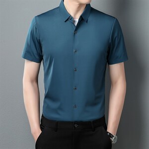 衬衫男2023新款夏装商务休闲正装中青年男士纯色翻领短袖工装衬衫图片