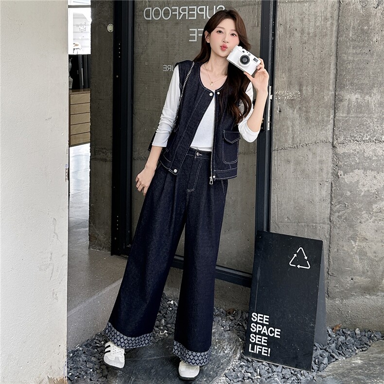 复古牛仔套装女2025秋季新款短袖马甲上衣阔腿长裤套装,女装套装/套裙,瑶迪依秀
