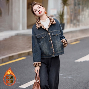 牛仔拼接豹纹皮毛一体外套女2024冬新款小个子加厚超好看显瘦棉服图片