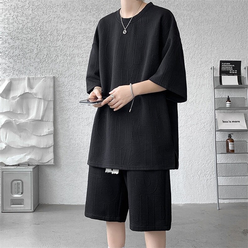 套装男夏季新款港风宽松设计字母短袖五分裤一套TZ8352-P45，男装休闲套装，星座214-3