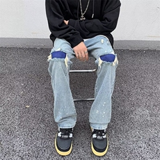 牛仔裤男春秋季潮牌宽松直筒休闲补丁长裤男生乞丐阔腿裤子~N5001，男装牛仔裤，星座601-2
