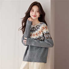 【100%羊毛】费尔岛提花毛衣女秋冬2025新款小个子短款内搭打底衫，女装羊毛衫，艾米