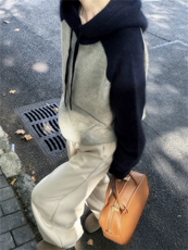 秋冬新款连帽针织加厚套头毛衣女拼接帽衫打底羊毛衫，女装羊毛衫，思途羊绒