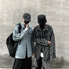 春秋季牛仔外套男女ins嘻哈高街腰果花宽松夹克潮牌复古JK001-P70图片